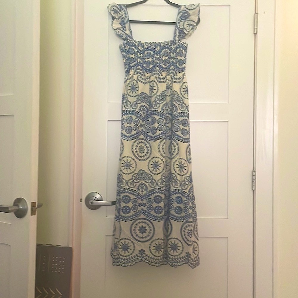 Blue & White Smocked Maxi Dress